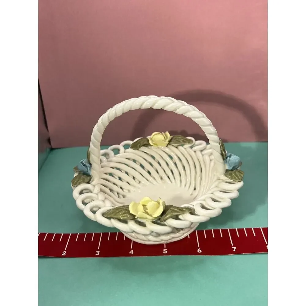 Porcelain Woven White Basket w/ Applied Flowers